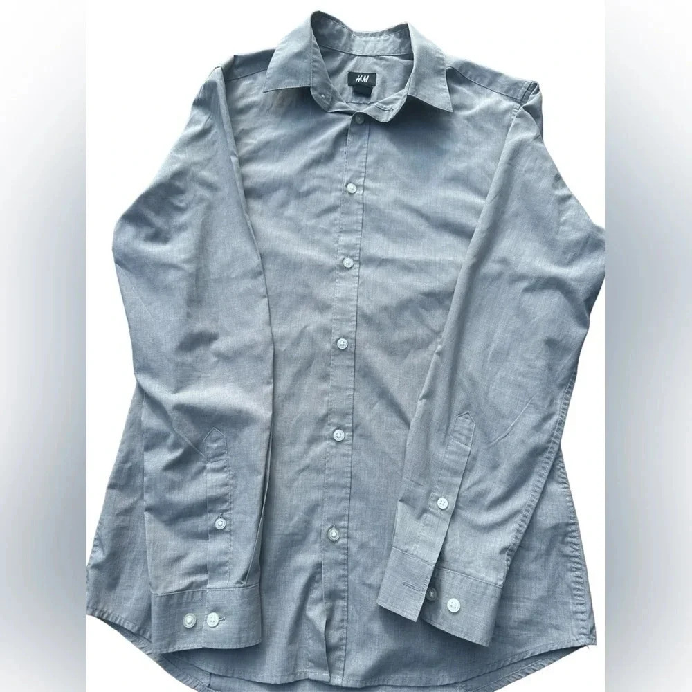 H&M Collared Plain Charcoal Gray Button Down Dress Shirt Size Small